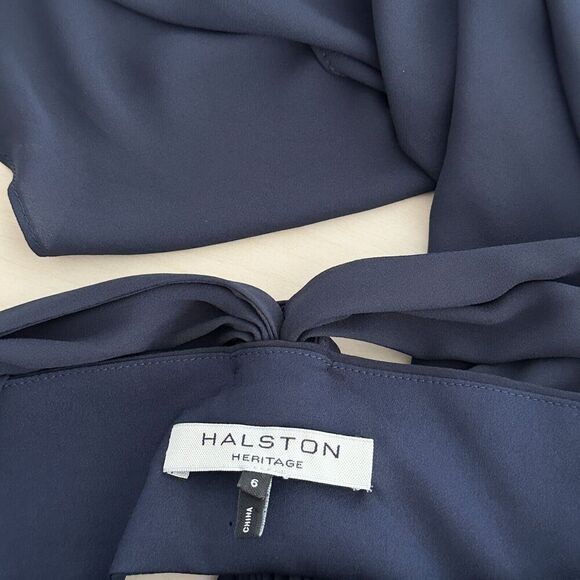 Halston Heritage Maxi Dress Womens 6 Crepe Evening Gown Navy Draped Cowl Neck - Picture 10 of 13